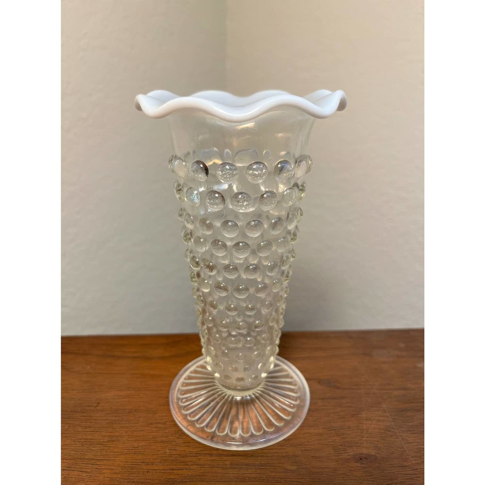 Opalescent Hobnail Glass 5.5” Ruffled Top Vase